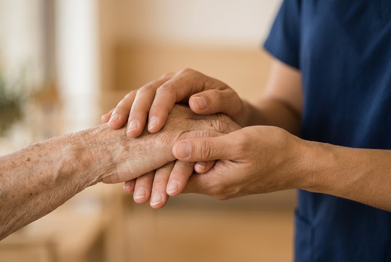Acompañante sujetando con cariño la mano de un paciente durante una cita médica